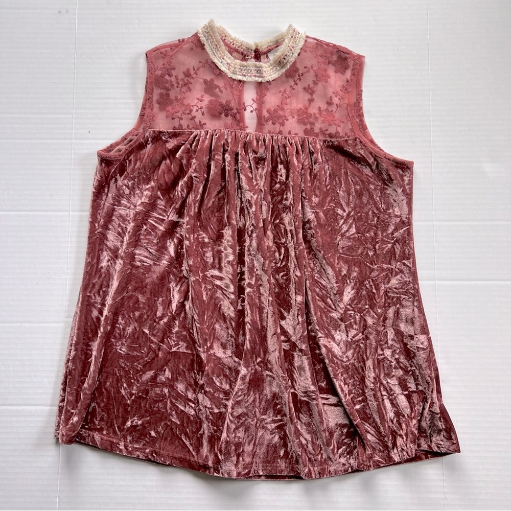 Solitaire by Ravi Khosla Pink Crushed Velvet Sleeveless Top Medium Lace Velour